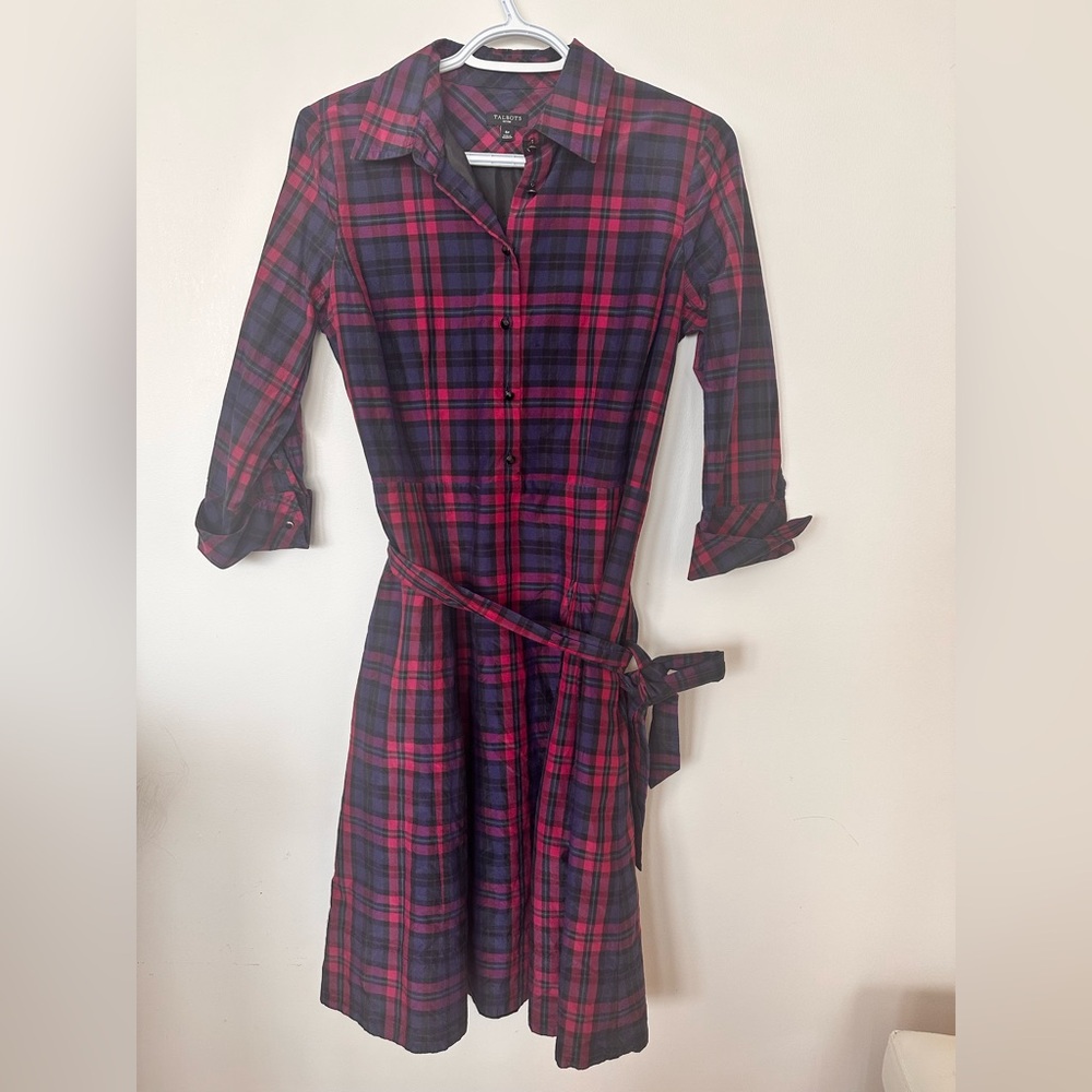 Talbots Plaid Silk-Blend Fit & Flare Shirt Dress – Size 6P